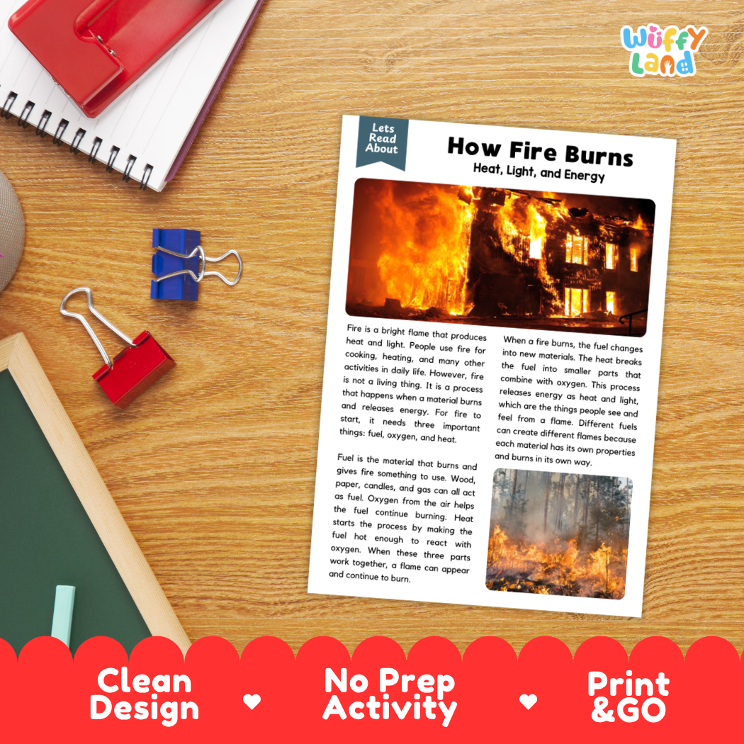 Printable student worksheet with short-answer reading comprehension questions covering fire and physical science