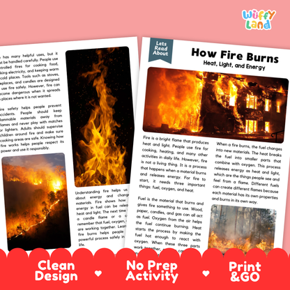 Complete teacher answer key worksheet providing detailed model responses for fire comprehension questions
