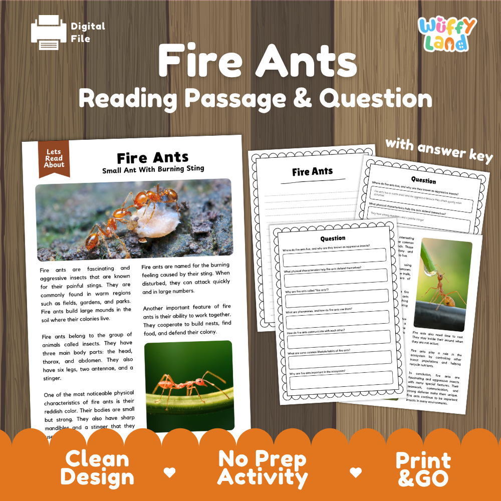 Digital reading activity bundle for 'Fire Ants' by Wiffly Land, featuring a reading passage with an answer key and corresponding worksheet pages. The graphic is styled with a wood-grain background, white text, and an orange banner at the bottom.