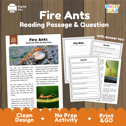 Digital reading activity bundle for 'Fire Ants' by Wiffly Land, featuring a reading passage with an answer key and corresponding worksheet pages. The graphic is styled with a wood-grain background, white text, and an orange banner at the bottom.