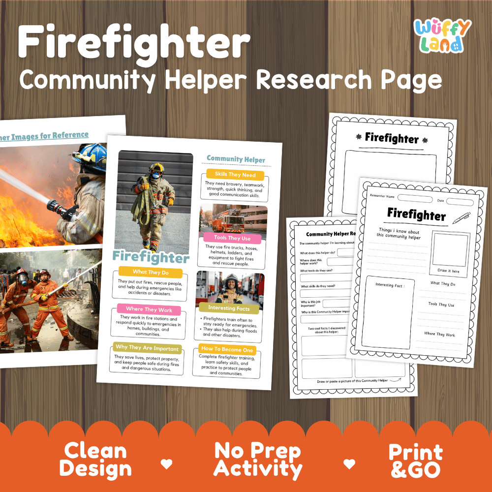 Firefighter community helper research page writing worksheets pack featuring real photos and student activity pages for elementary social studies