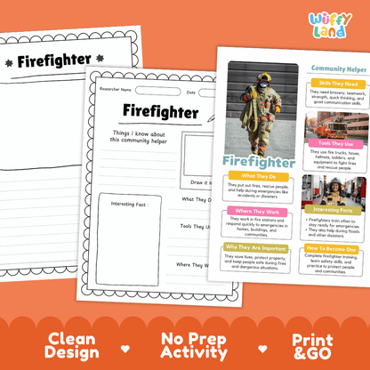 Educational reference poster with real photography showing firefighter duties, equipment, fire truck, and interesting facts