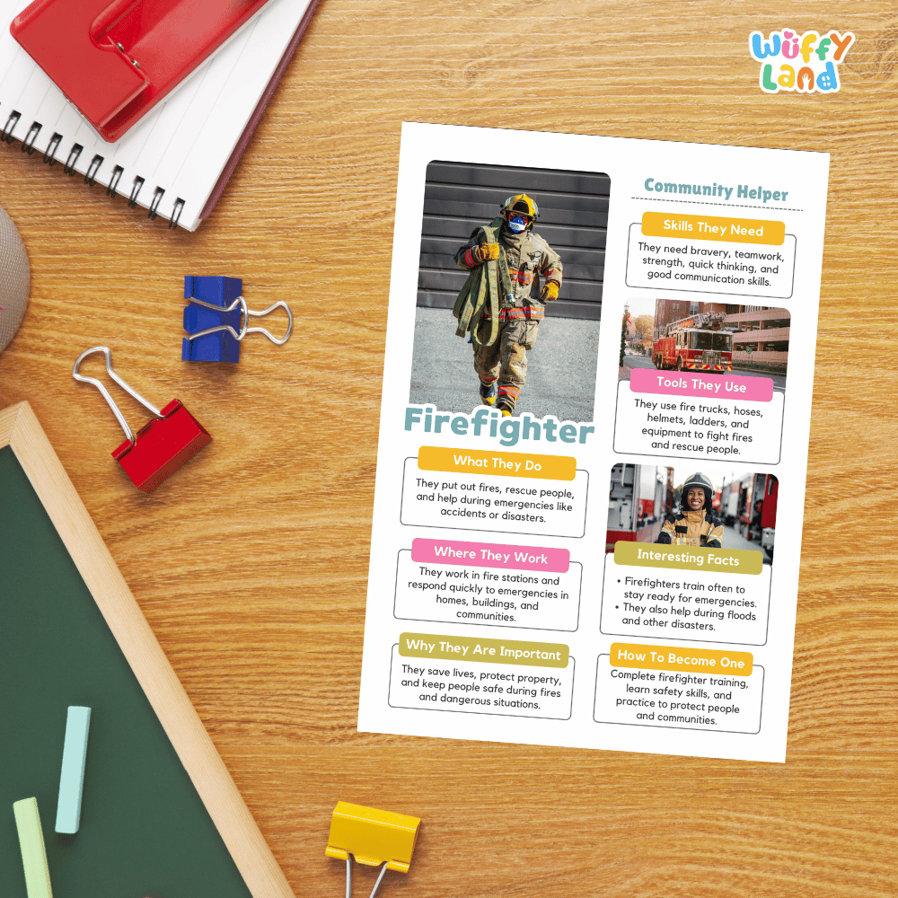 Guided student writing worksheets with lined sections for recording facts and a dedicated box for drawing or pasting a picture of a firefighter