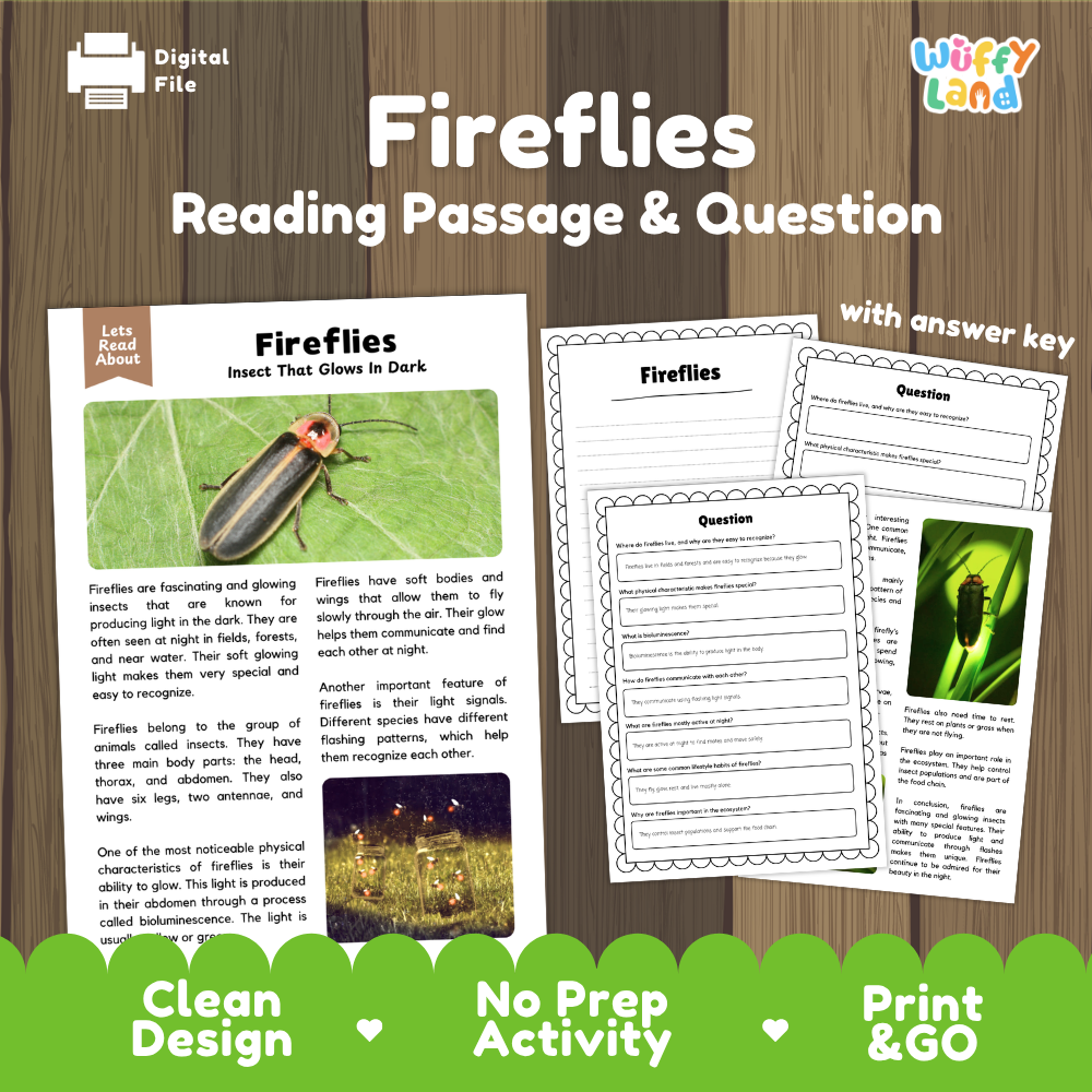 Digital reading activity bundle for 'Fireflies' featuring a reading passage, worksheet pages, and an answer key, presented on a wood-grain background with promotional text at the bottom.