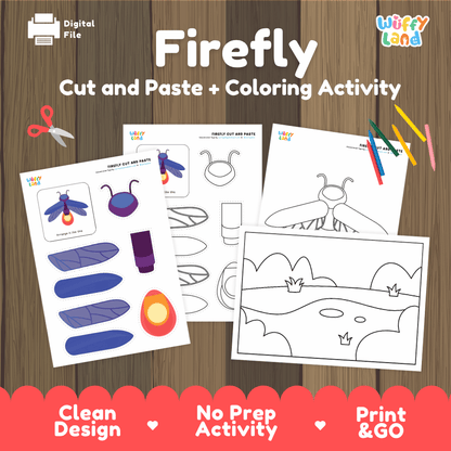 Firefly Cut and Paste Craft and Coloring Activity Worksheets