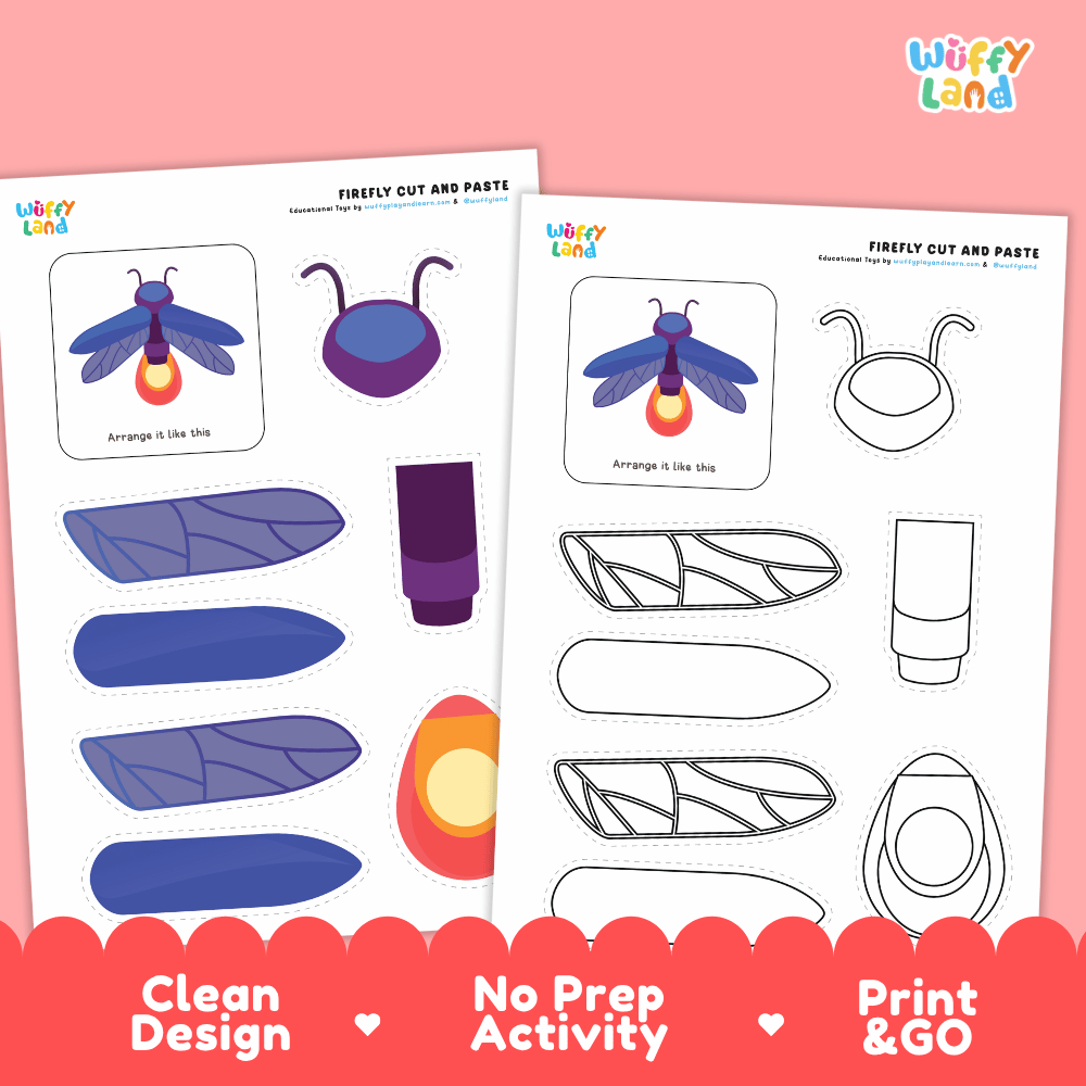 Firefly Cut and Paste Craft and Coloring Activity Worksheets