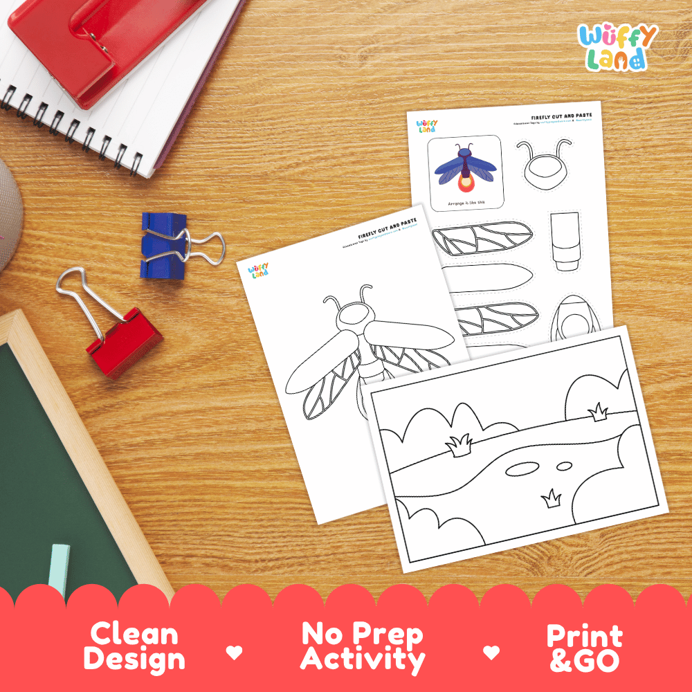 Firefly Cut and Paste Craft and Coloring Activity Worksheets