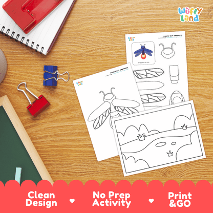 Firefly Cut and Paste Craft and Coloring Activity Worksheets