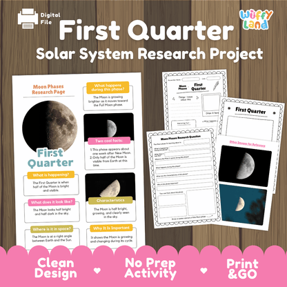 Digital download activity sheet set for a First Quarter Solar System Research Project by Wiffly Land, shown on a dark wood background with product callouts at the bottom.
