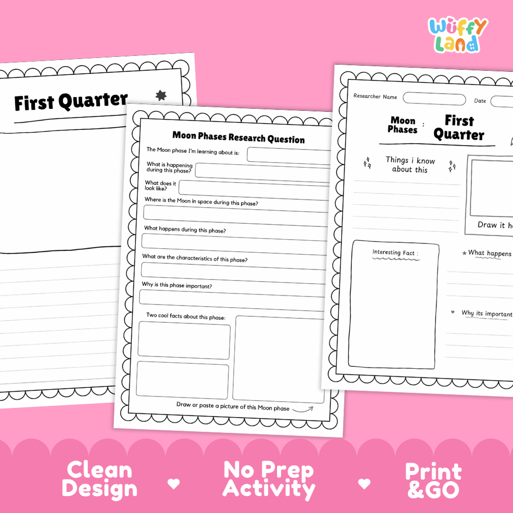 First Quarter Moon Solar System Research Project Worksheets and Fact Sheet