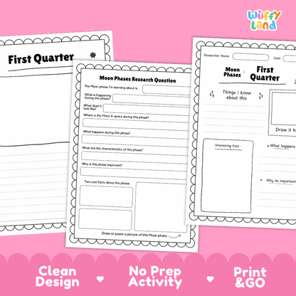 First Quarter Moon Solar System Research Project Worksheets and Fact Sheet