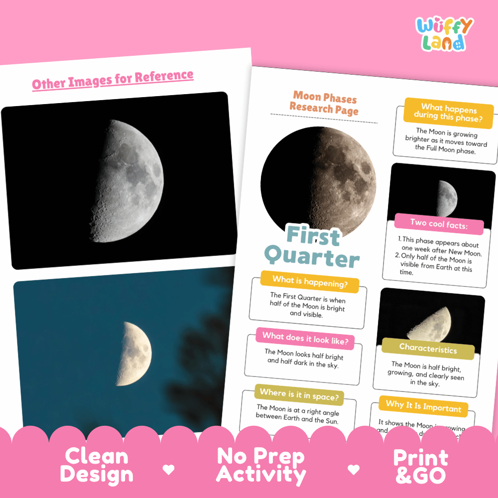 First Quarter Moon Solar System Research Project Worksheets and Fact Sheet