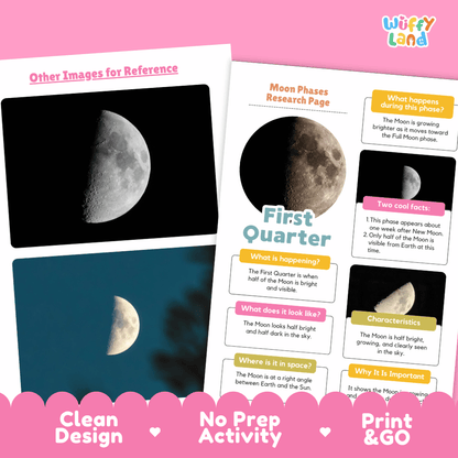 First Quarter Moon Solar System Research Project Worksheets and Fact Sheet