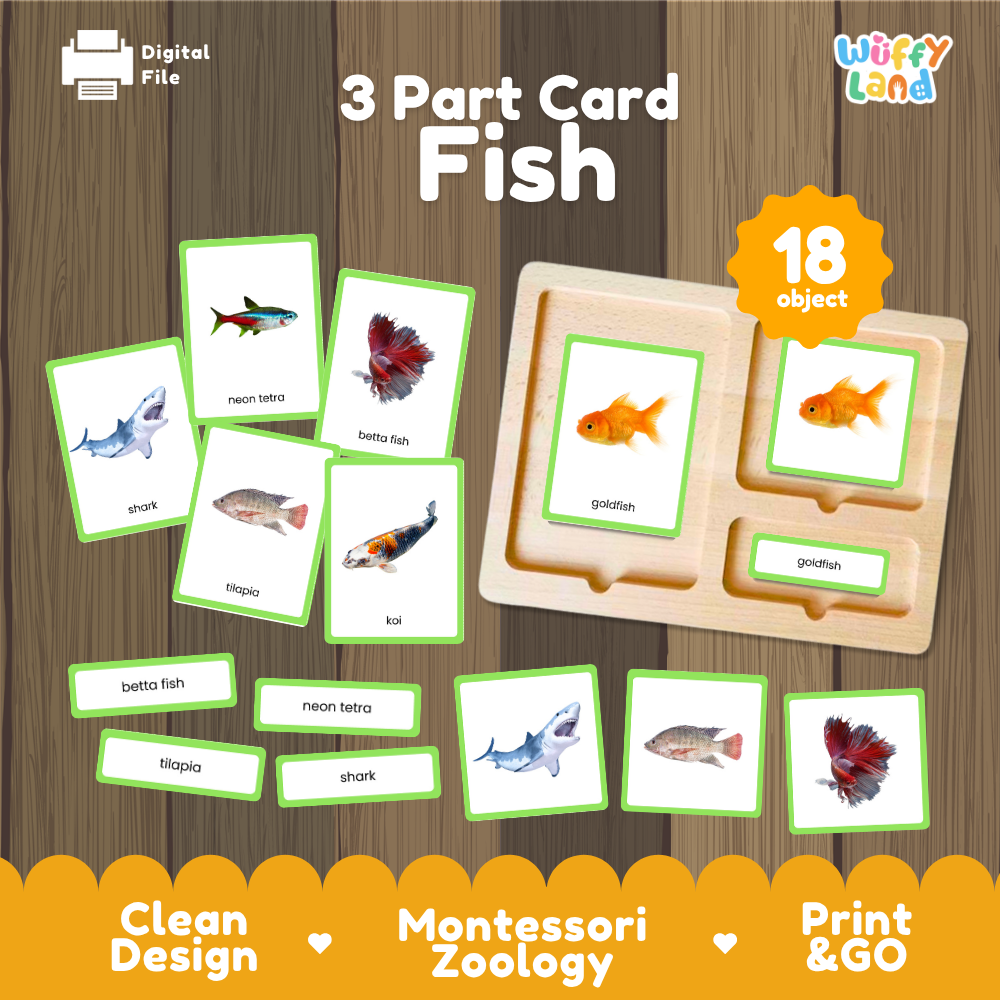 Fish 3 part cards Montessori printable featuring 18 fish with realistic pictures, word labels and matching cards