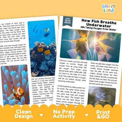 Complete teacher answer key worksheet providing detailed model responses for fish breathing comprehension questions