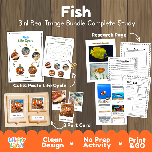 Fish 3-in-1 real image bundle complete study cover showing cut and paste life cycle, 3 part cards, and research pages