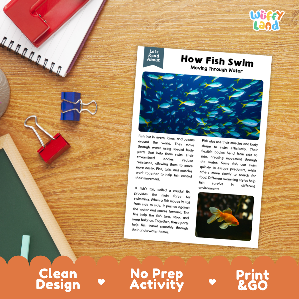 Printable student worksheet with short-answer reading comprehension questions covering fish and aquatic adaptations