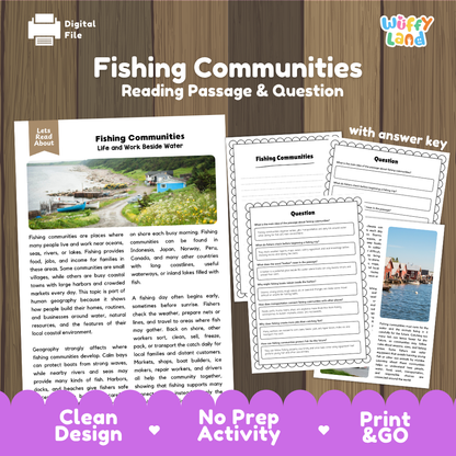 Fishing Communities reading comprehension passage and questions printable activity pack with answer key for elementary students