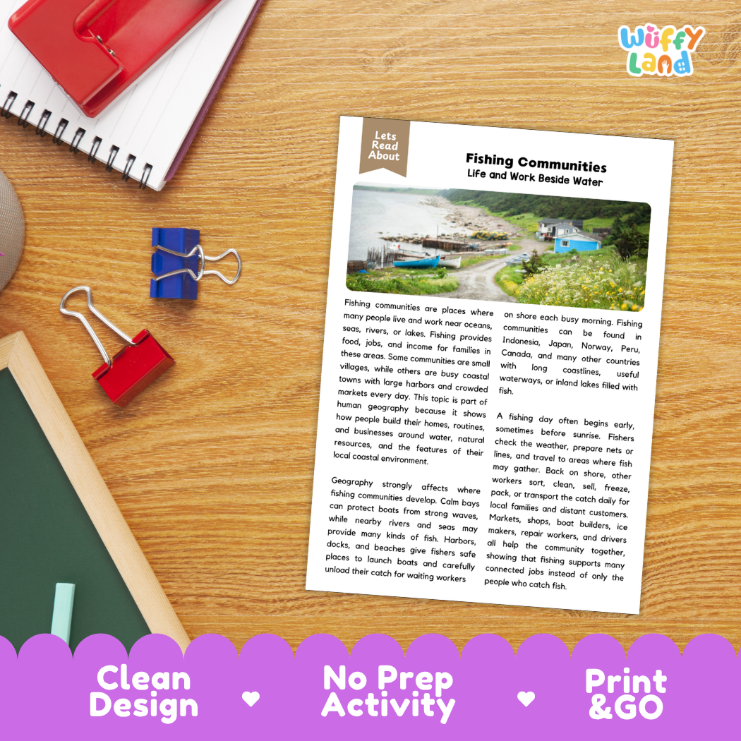 Student reading comprehension worksheet with short-answer questions and lined sections about fishing communities