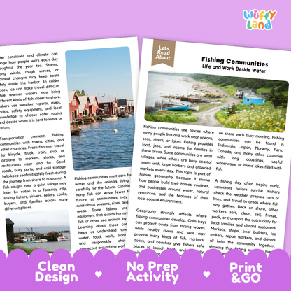 Teacher answer key page showing complete question solutions for Fishing Communities human geography and social studies reading comprehension practice