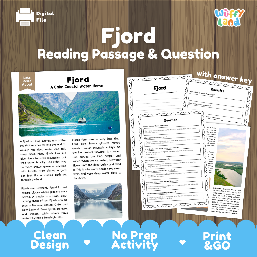 Fjord Reading Passage and Comprehension Questions with Answer Key Worksheets