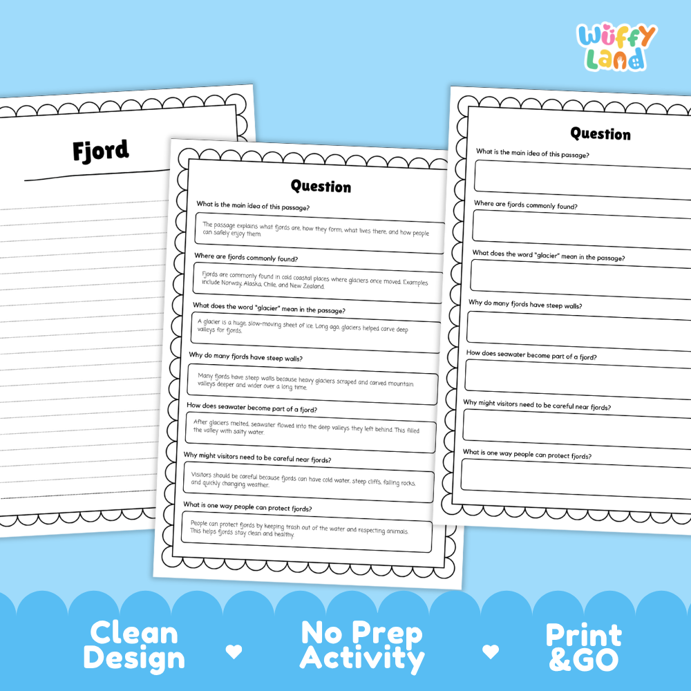 Fjord Reading Passage and Comprehension Questions with Answer Key Worksheets