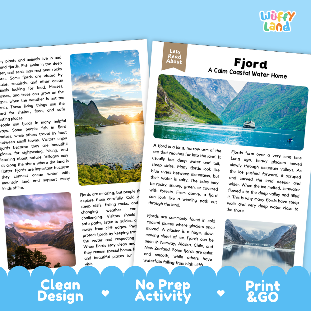 Fjord Reading Passage and Comprehension Questions with Answer Key Worksheets