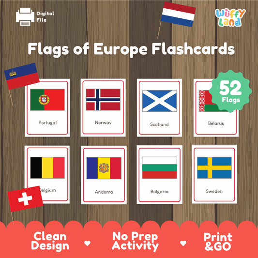Flags of Europe flashcards printable European countries geography activity pack overview from Wuffy Land featuring 52 flags 🌍🚩