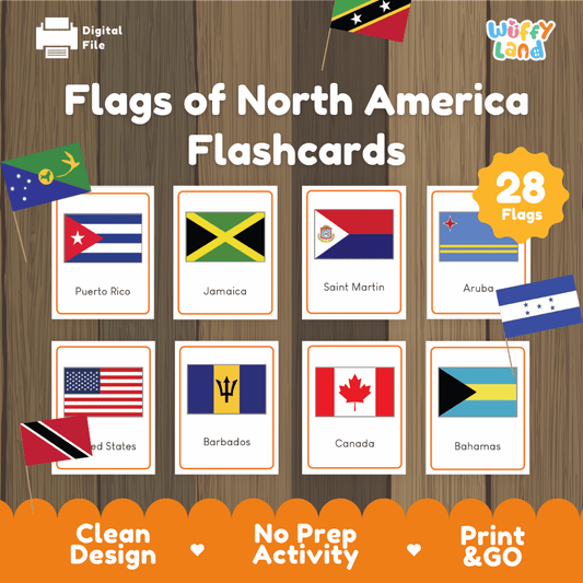 Flags of North America flashcards printable Montessori geography activity pack overview from Wuffy Land featuring 28 flags 🌎🚩
