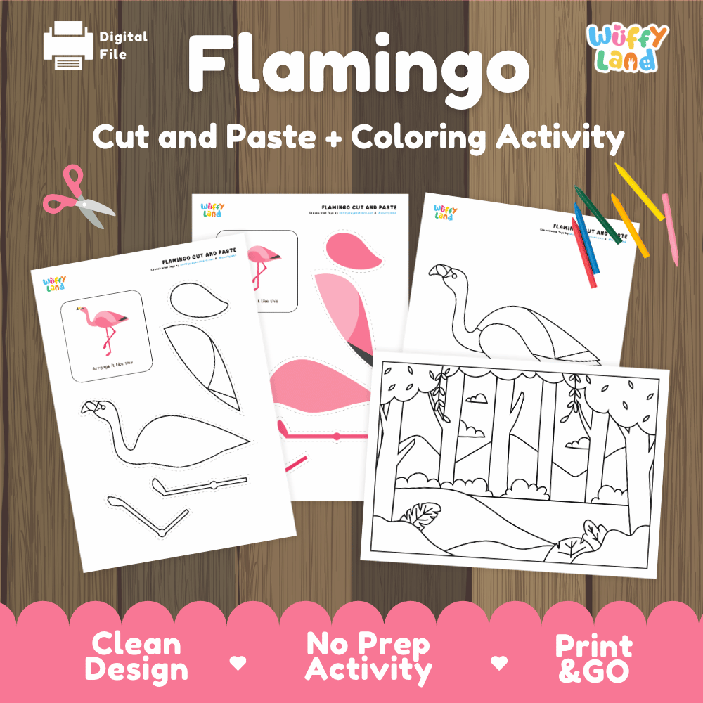 Flamingo Cut and Paste Craft and Coloring Activity Worksheets