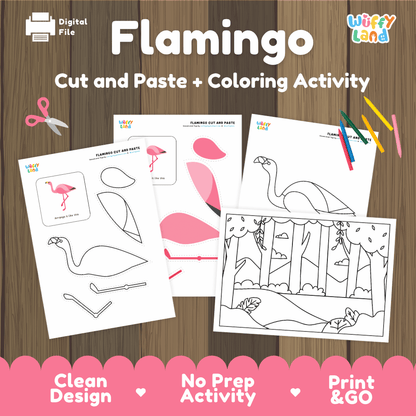 Flamingo Cut and Paste Craft and Coloring Activity Worksheets