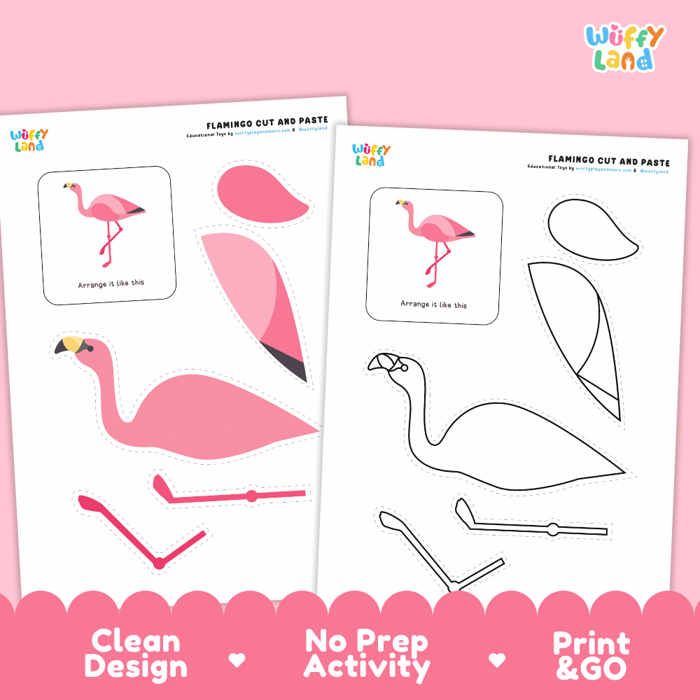 Flamingo Cut and Paste Craft and Coloring Activity Worksheets
