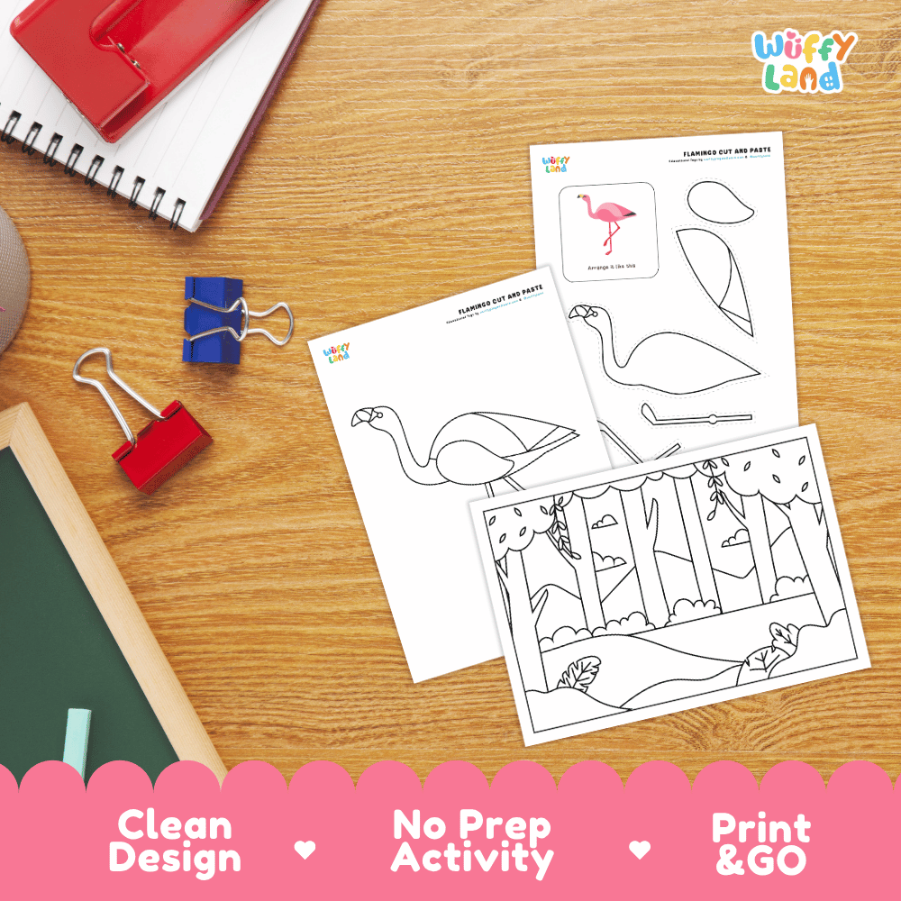 Flamingo Cut and Paste Craft and Coloring Activity Worksheets