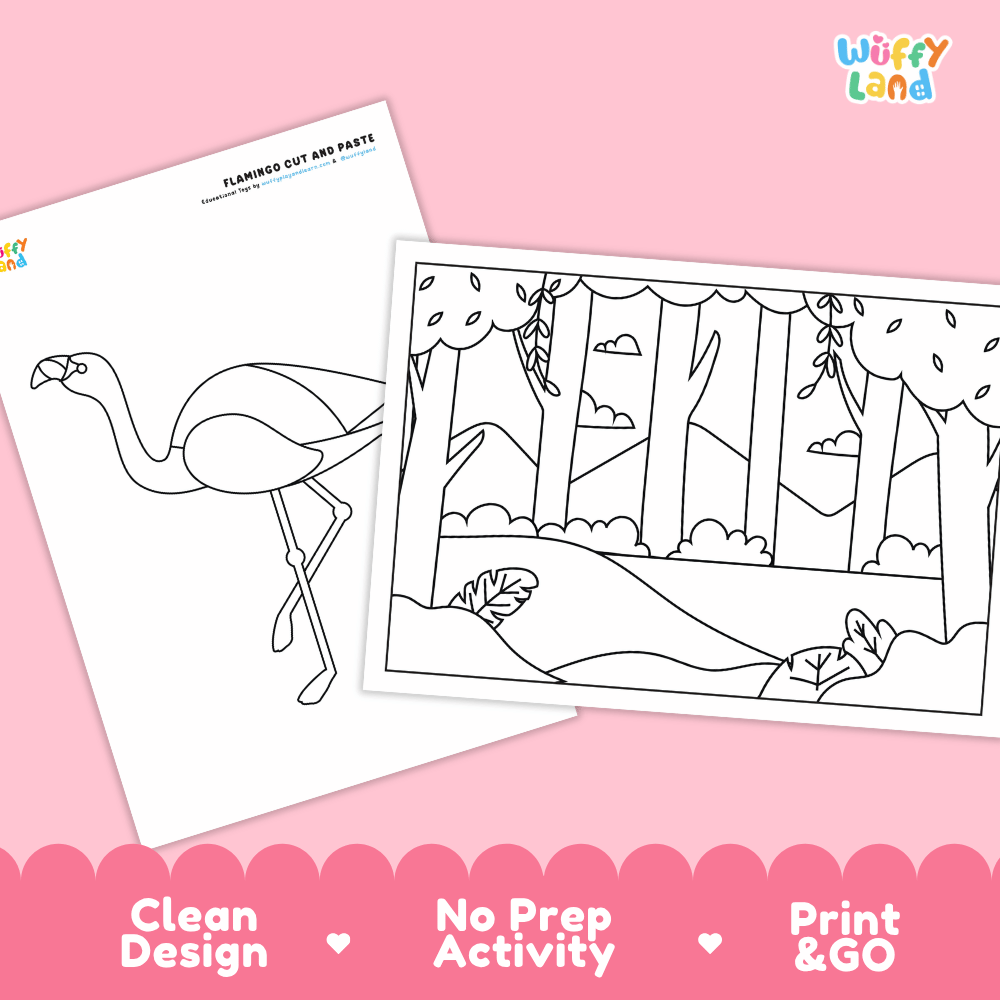 Flamingo Cut and Paste Craft and Coloring Activity Worksheets