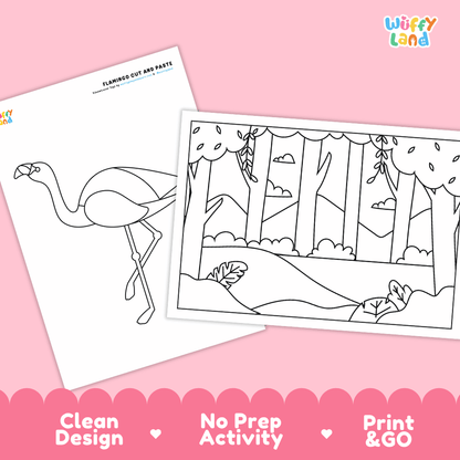 Flamingo Cut and Paste Craft and Coloring Activity Worksheets