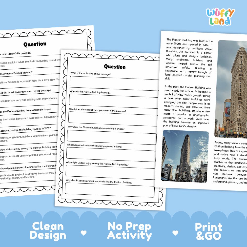 Flatiron Building Landmark Reading Passages and Comprehension Worksheets