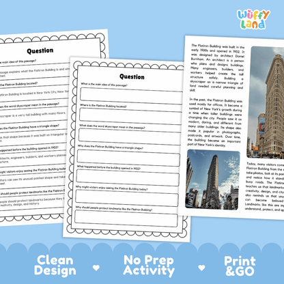 Flatiron Building Landmark Reading Passages and Comprehension Worksheets