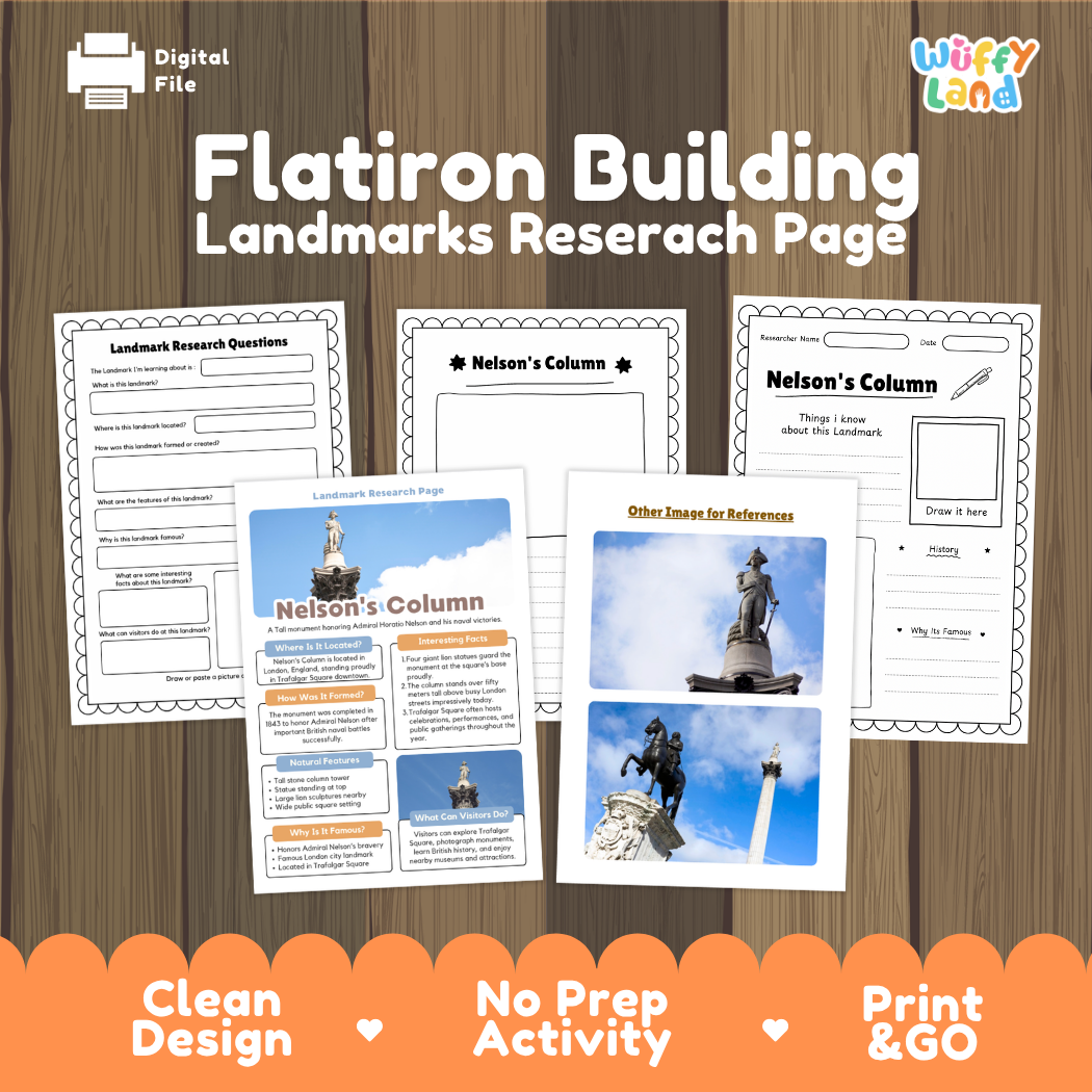 Digital product preview for a 'Flatiron Building Landmarks Research Page' activity sheet by Wiffy Land, displayed on a wood-grain background with an orange banner at the bottom highlighting key features.