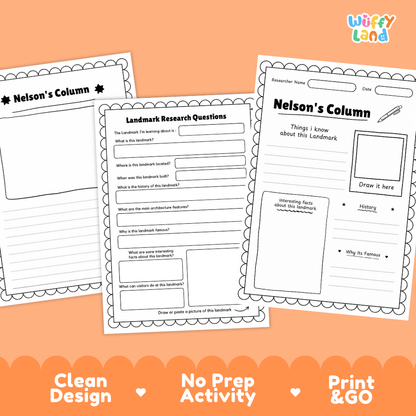 Three printable worksheet pages for Nelson's Column displayed on an orange background with decorative scalloped borders and the text 'Clean Design', 'No Prep Activity', and 'Print & GO'. The top right shows the 'Wiffly Land' brand logo.