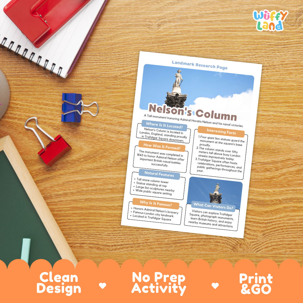A printed Nelson's Column landmark research page laid on a wooden desk, surrounded by school supplies including a red notebook, blue binder clips, a green chalkboard, and an orange pen. The page has a clean design with text blocks, photos, and headings.