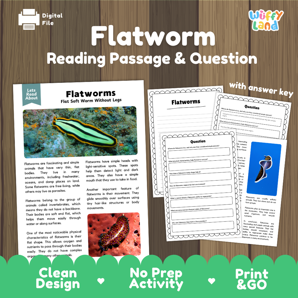Digital reading activity bundle for 'Flatworms' featuring a reading passage, two worksheet pages with answer and question sections, and a colorful product banner on a wood background.