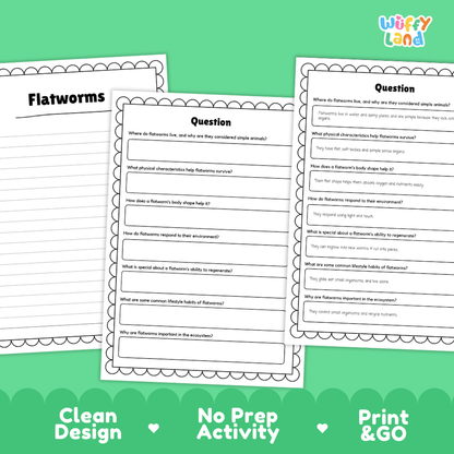Three printable educational activity sheets about flatworms arranged on a green background with the text 'Clean Design', 'No Prep Activity', and 'Print & GO'. The sheets include a title page and two worksheet pages with writing prompts and questions.