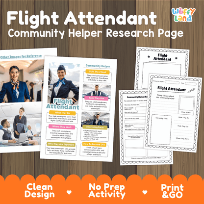 Flight attendant community helper research page writing worksheets pack featuring real photos and student activity pages for elementary social studies