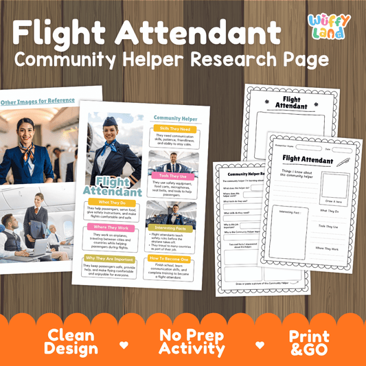 Flight attendant community helper research page writing worksheets pack featuring real photos and student activity pages for elementary social studies