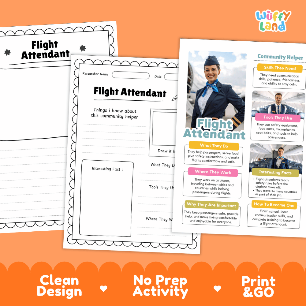 Educational reference poster with real photography showing flight attendant job duties, tools, workplace, and interesting facts