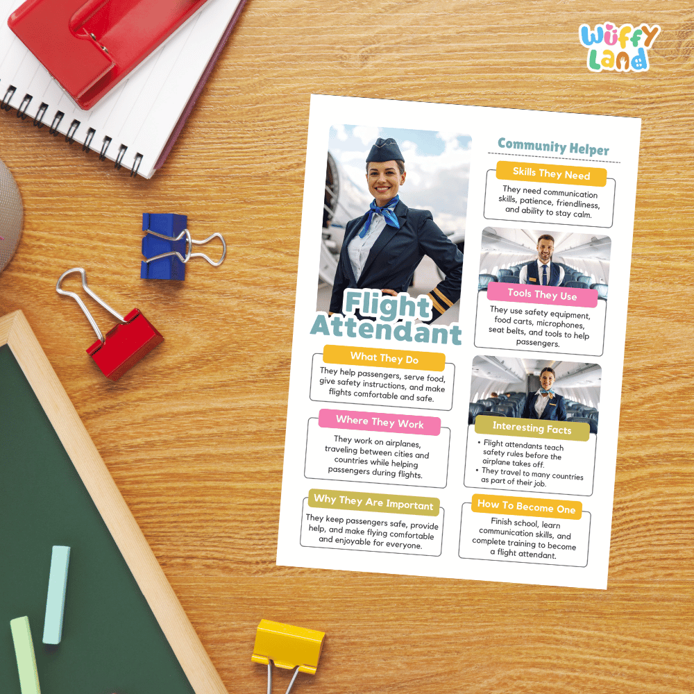 Guided student writing worksheets with lined sections for recording facts and a dedicated box for drawing or pasting a picture of a flight attendant