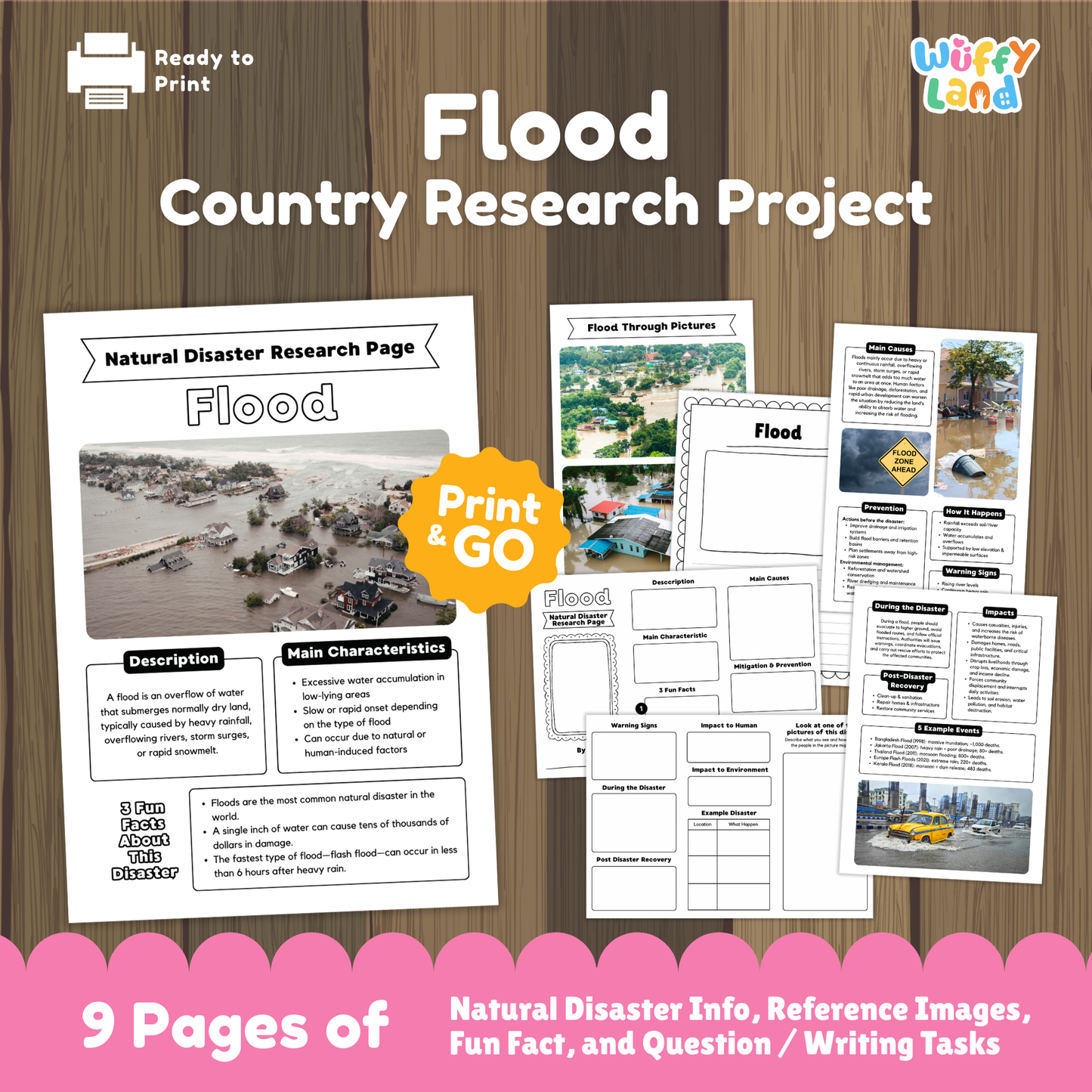 Educational flood research project printable for kids, featuring a main research page with photo of flooded homes, sections for description, main characteristics, and fun facts, plus additional worksheets with diagrams, writing prompts, causes, prevention tips, impacts, and real-life flood images.