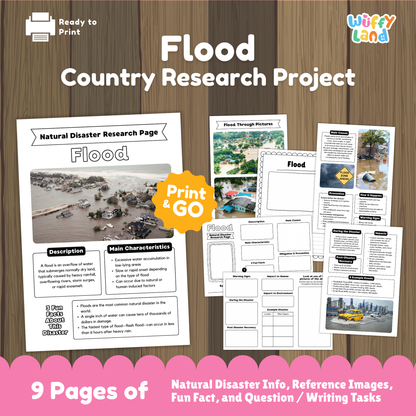 Educational flood research project printable for kids, featuring a main research page with photo of flooded homes, sections for description, main characteristics, and fun facts, plus additional worksheets with diagrams, writing prompts, causes, prevention tips, impacts, and real-life flood images.