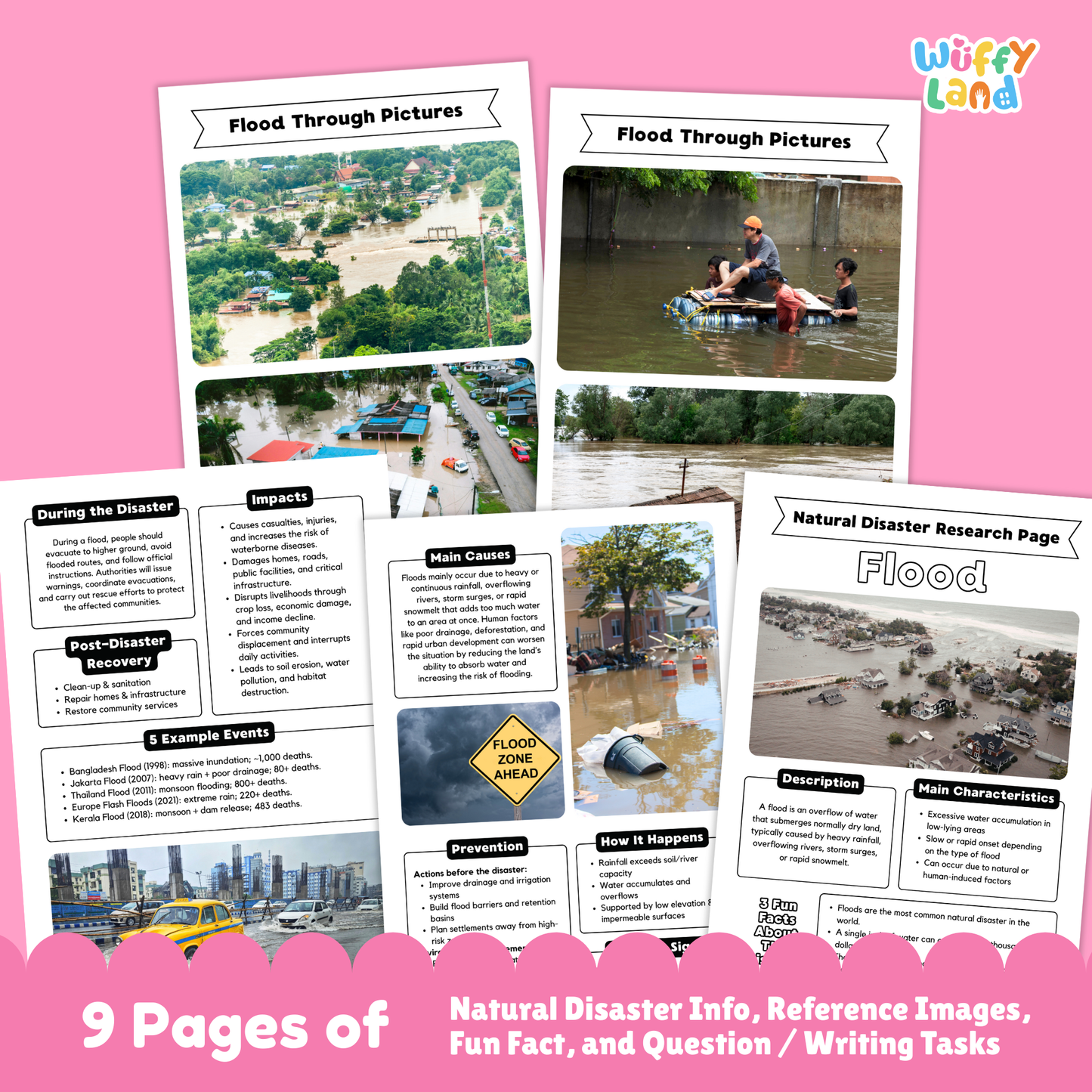 Educational flood research project printable for kids, featuring a main research page with photo of flooded homes, sections for description, main characteristics, and fun facts, plus additional worksheets with diagrams, writing prompts, causes, prevention tips, impacts, and real-life flood images.
