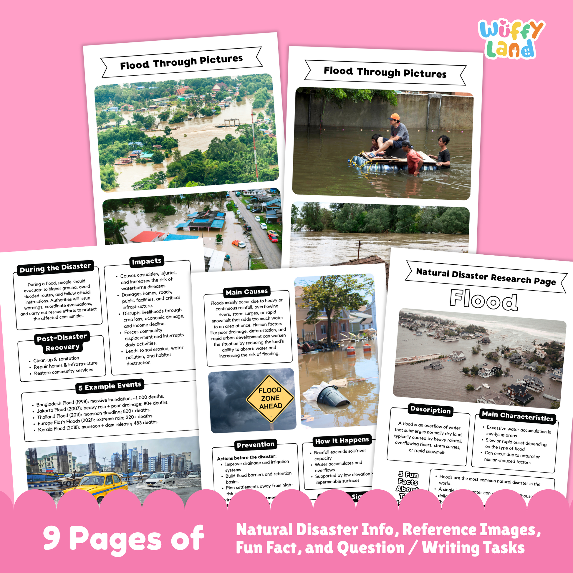 Educational flood research project printable for kids, featuring a main research page with photo of flooded homes, sections for description, main characteristics, and fun facts, plus additional worksheets with diagrams, writing prompts, causes, prevention tips, impacts, and real-life flood images.
